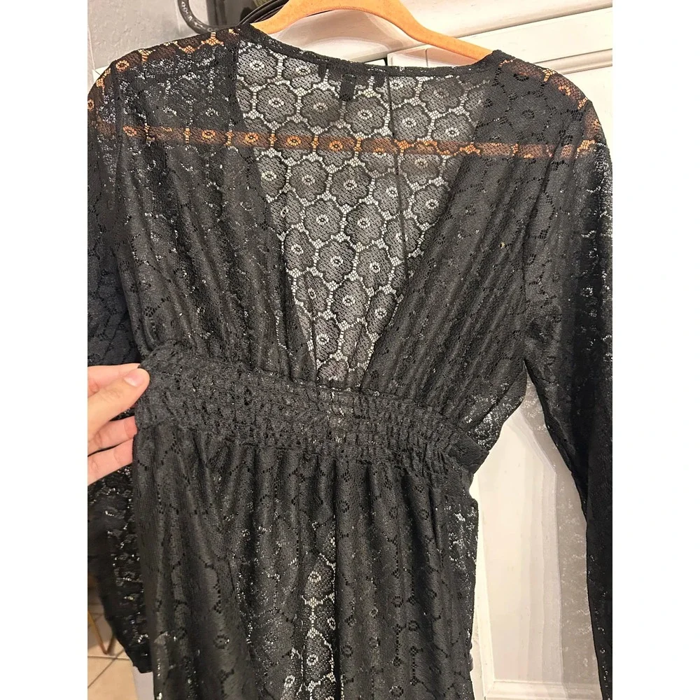 Black Sheer Lace Duster Maxi Cardigan Long Sleeve Beach Cover up
